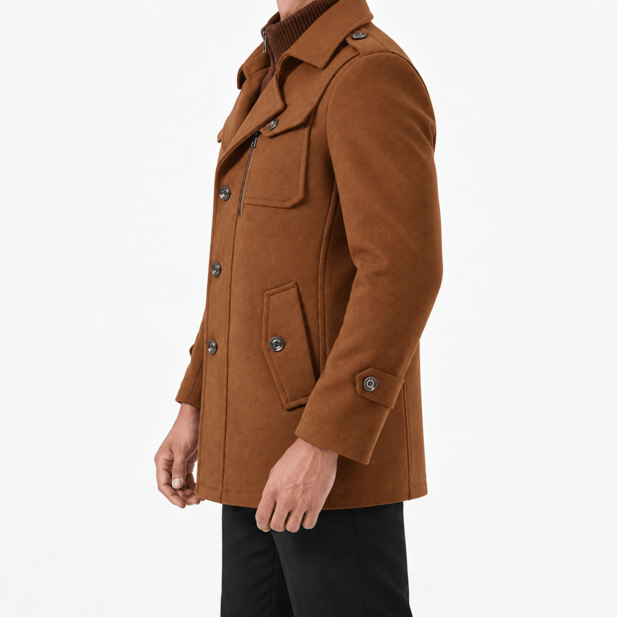 Button front coat with shoulder tabs and zip chest detail - AntoniosClothing - Camel