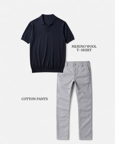 Antonios Casual Outfit Set - Navy Blue T-Shirt & Light Gray Pants - XL Size