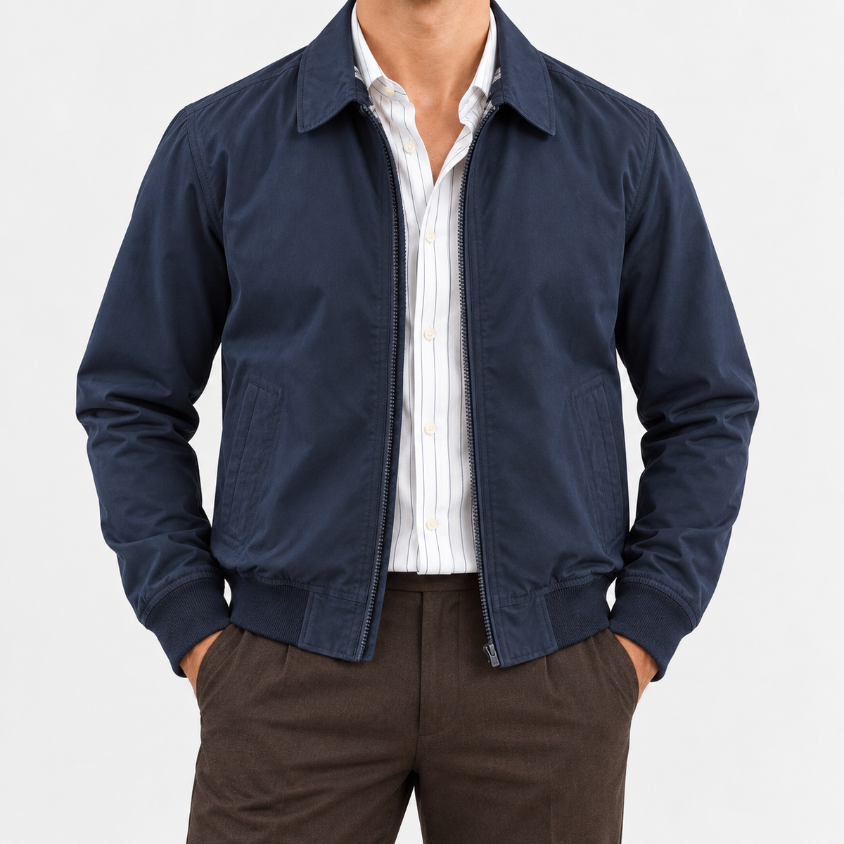 Collared zip jacket with check lining in navy, front view on a model