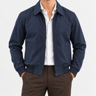 Collared zip jacket with check lining in navy, front view on a model
