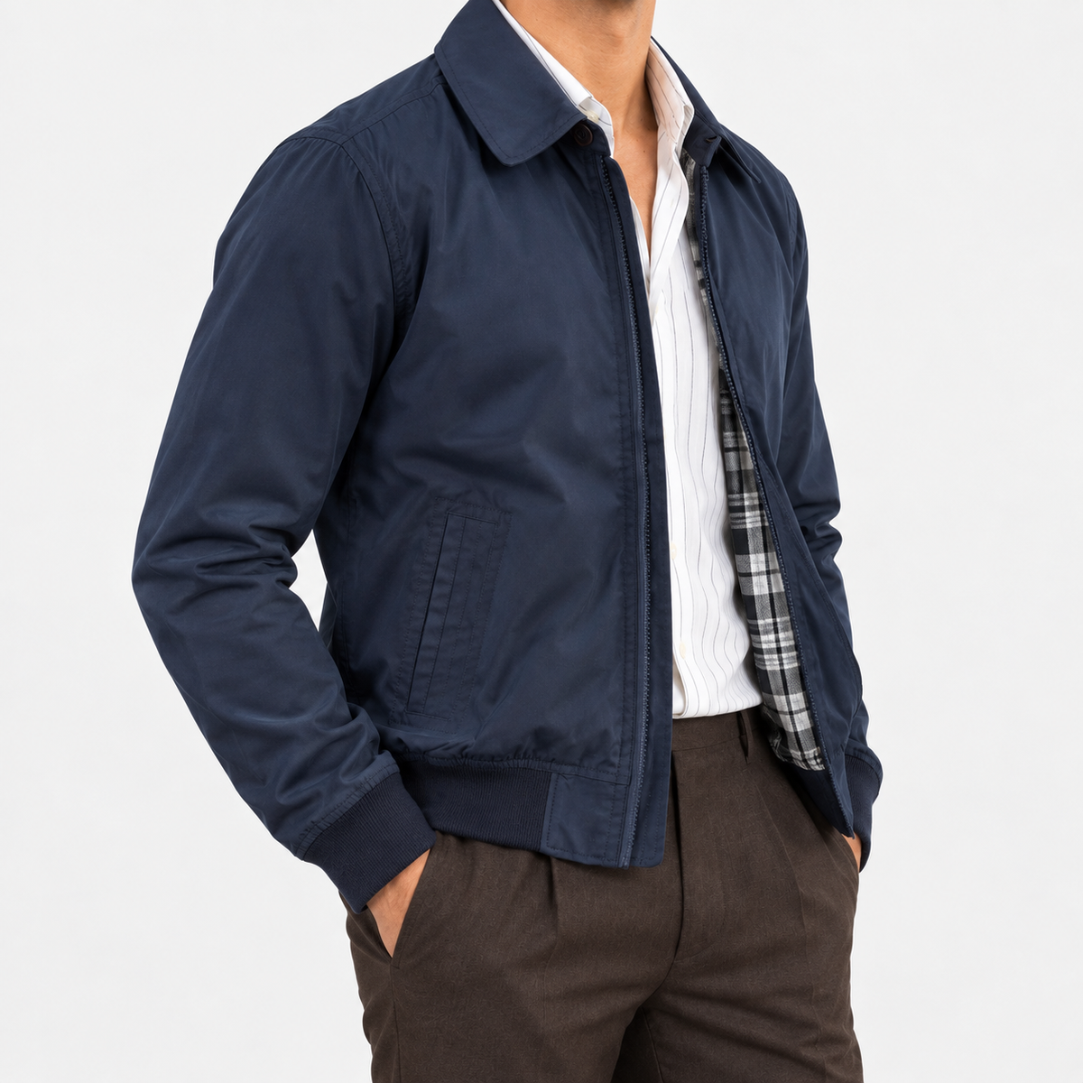 Collared zip jacket with check lining in navy, side view on a model