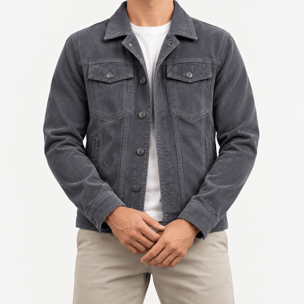 Cotton blend corduroy button front jacket - AntoniosClothing - Slate gray