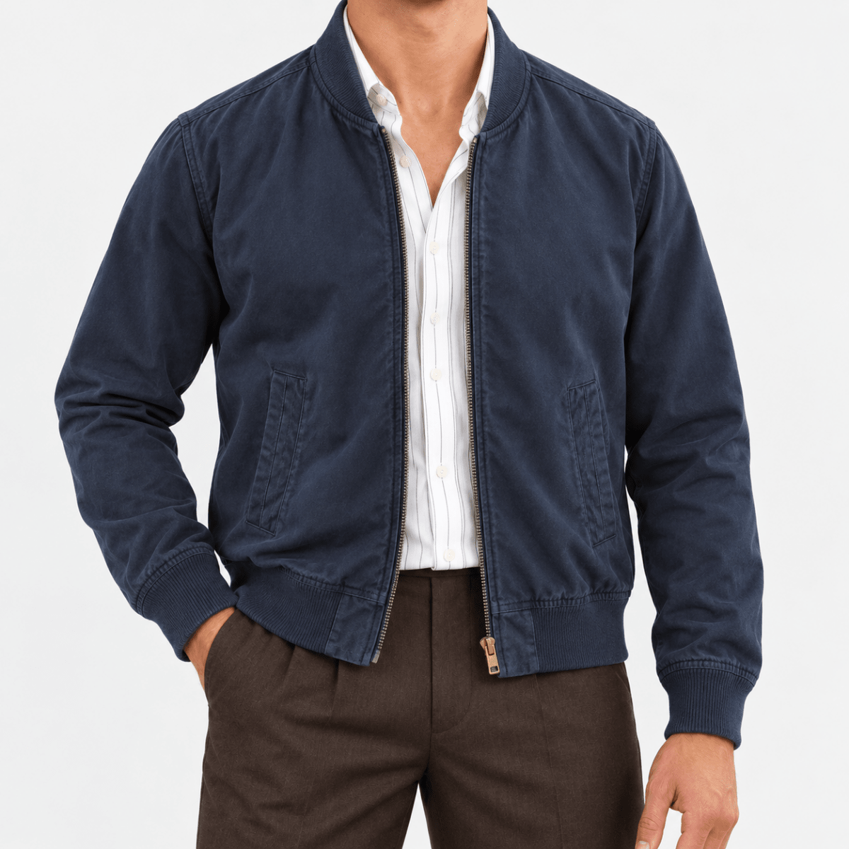 Cotton bomber jacket with ribbed trim - AntoniosClothing - Navy