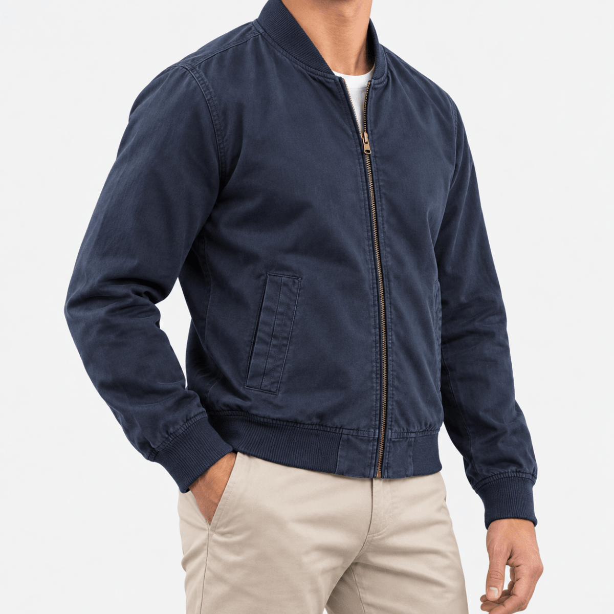 Cotton bomber jacket with ribbed trim - AntoniosClothing - Navy