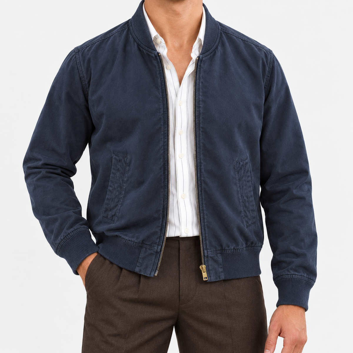 Cotton bomber jacket with ribbed trim in navy, front view on a model