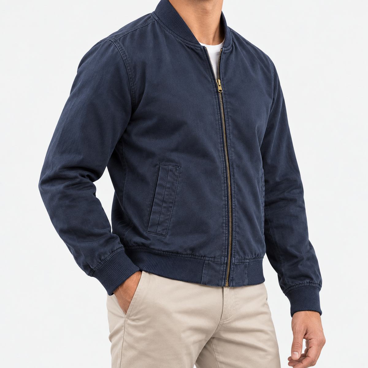 Cotton bomber jacket with ribbed trim in navy, side view on a model