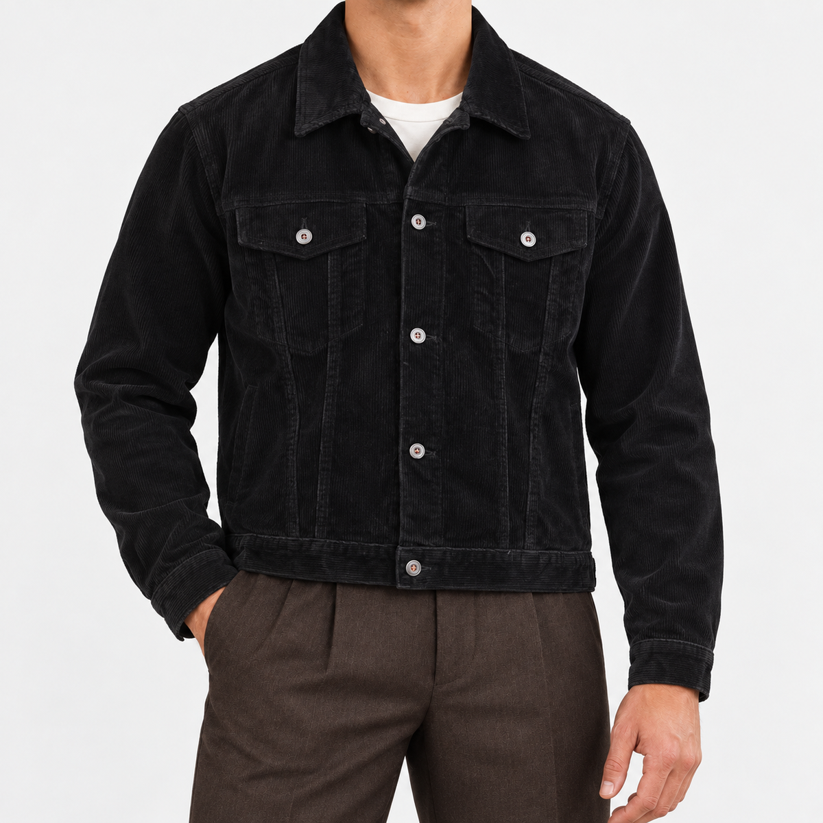 Cotton corduroy trucker jacket in black, front view on a model
