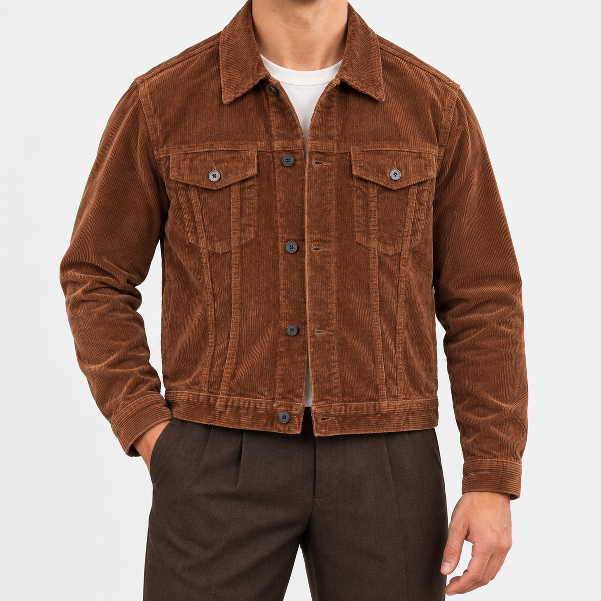 Cotton corduroy trucker jacket in brown, front view on a model