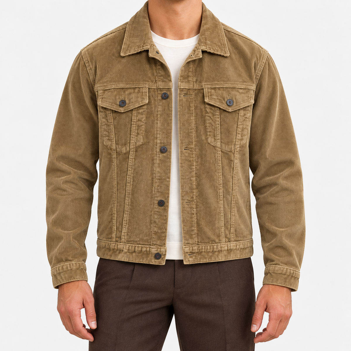 Cotton corduroy trucker jacket in khaki, front view on a model
