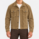 Cotton corduroy trucker jacket in khaki, front view on a model