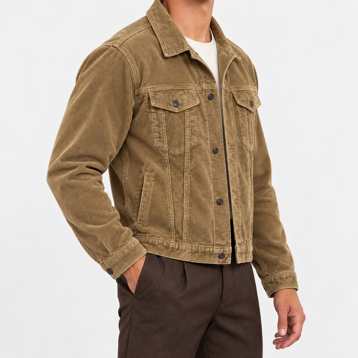 Cotton corduroy trucker jacket in khaki, side view on a model