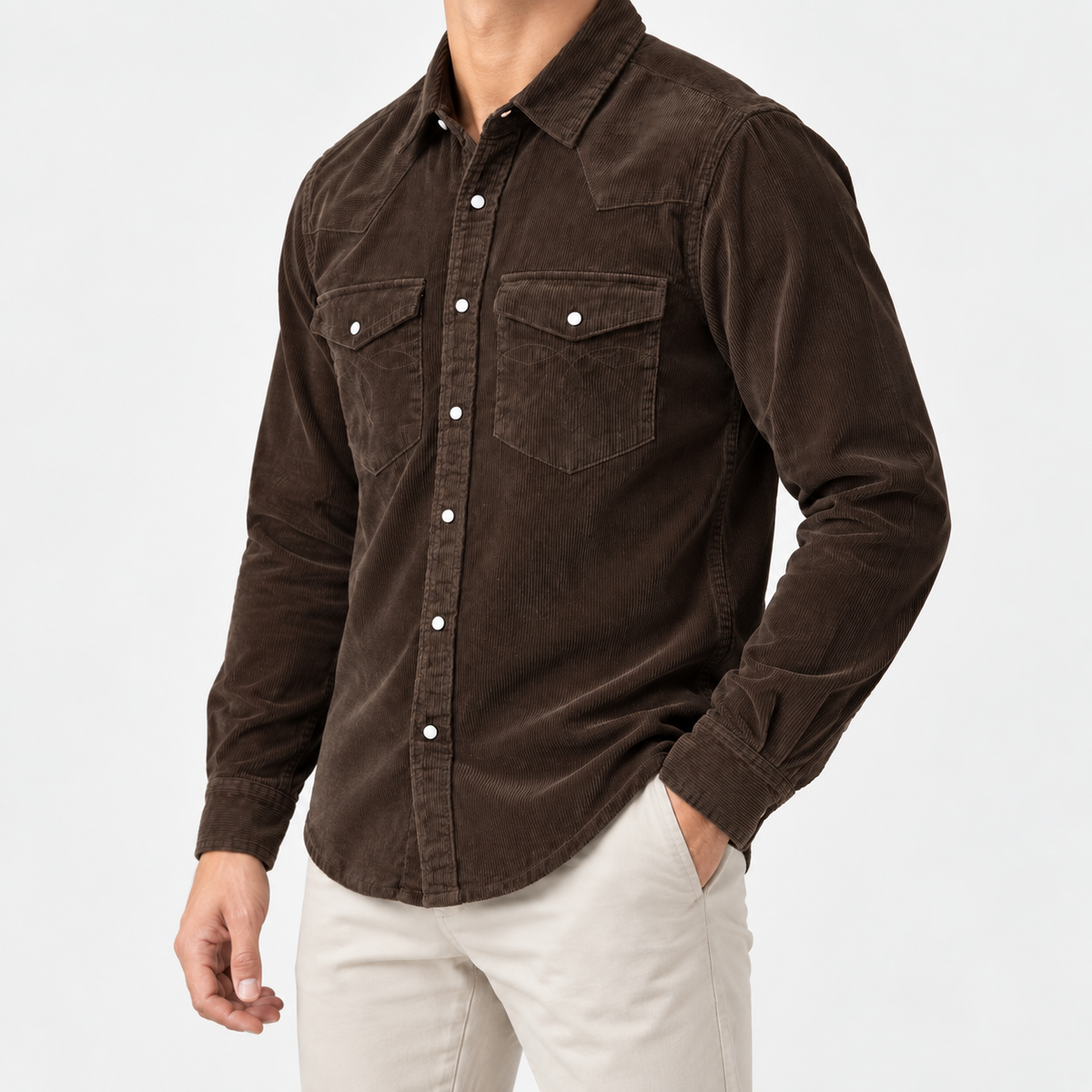 Cotton corduroy western shirt in dark brown, side view on a model