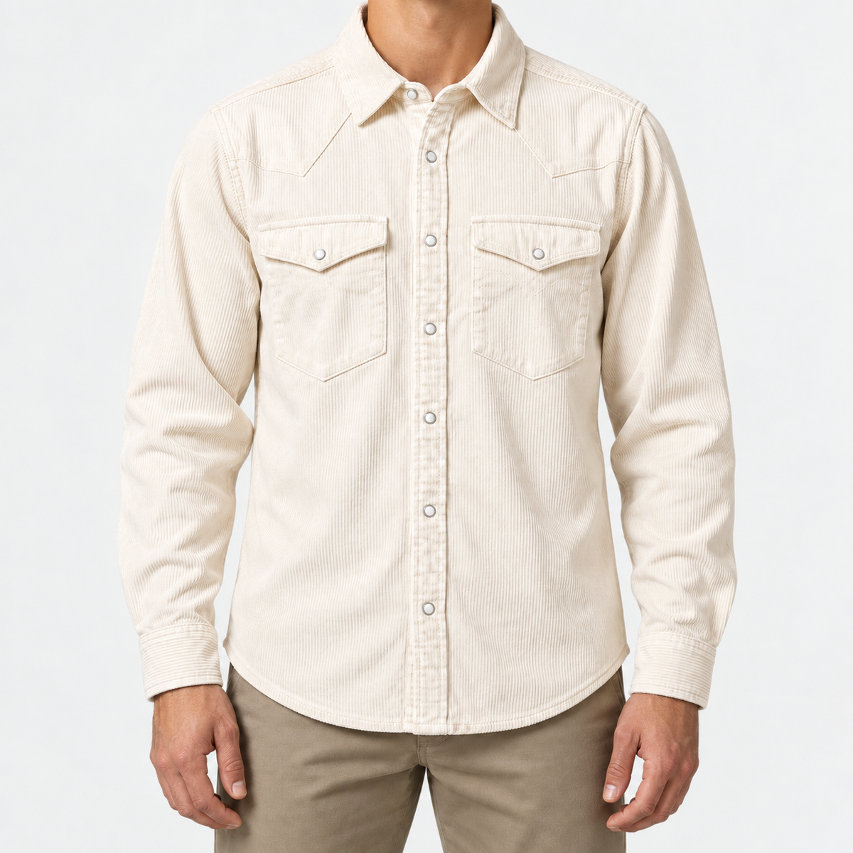Cotton corduroy western shirt in off white, front view on a model