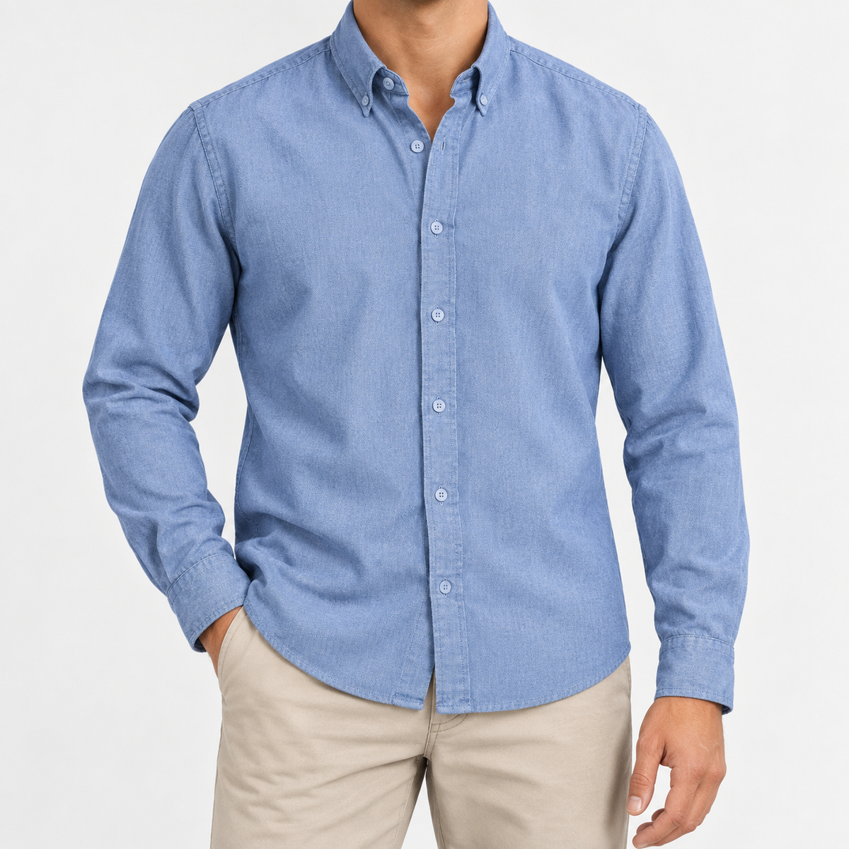 Cotton oxford button down shirt in denim blue, front view on a model
