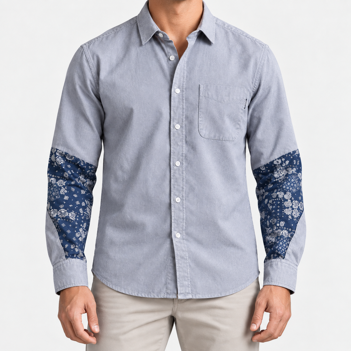 Cotton oxford shirt with paisley sleeve panels in gray, front view on a model