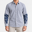 Cotton oxford shirt with paisley sleeve panels in gray, front view on a model