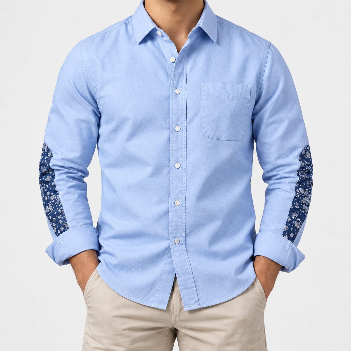 Cotton oxford shirt with paisley sleeve panels in sky blue, front view on a model