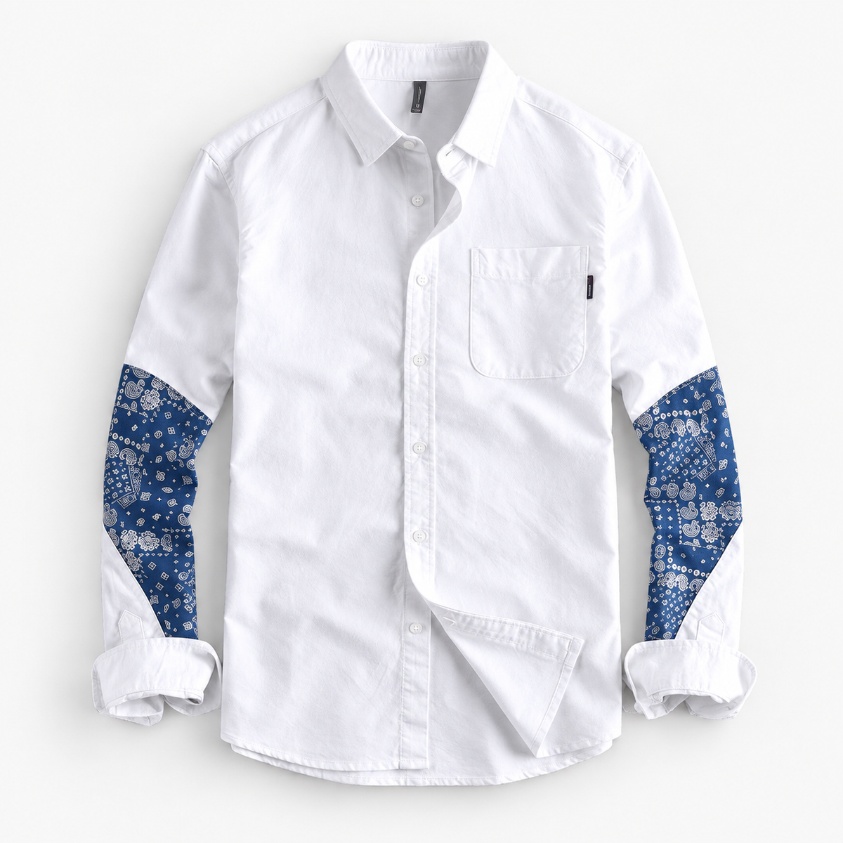 Cotton oxford shirt with paisley sleeve panels in white, product cover