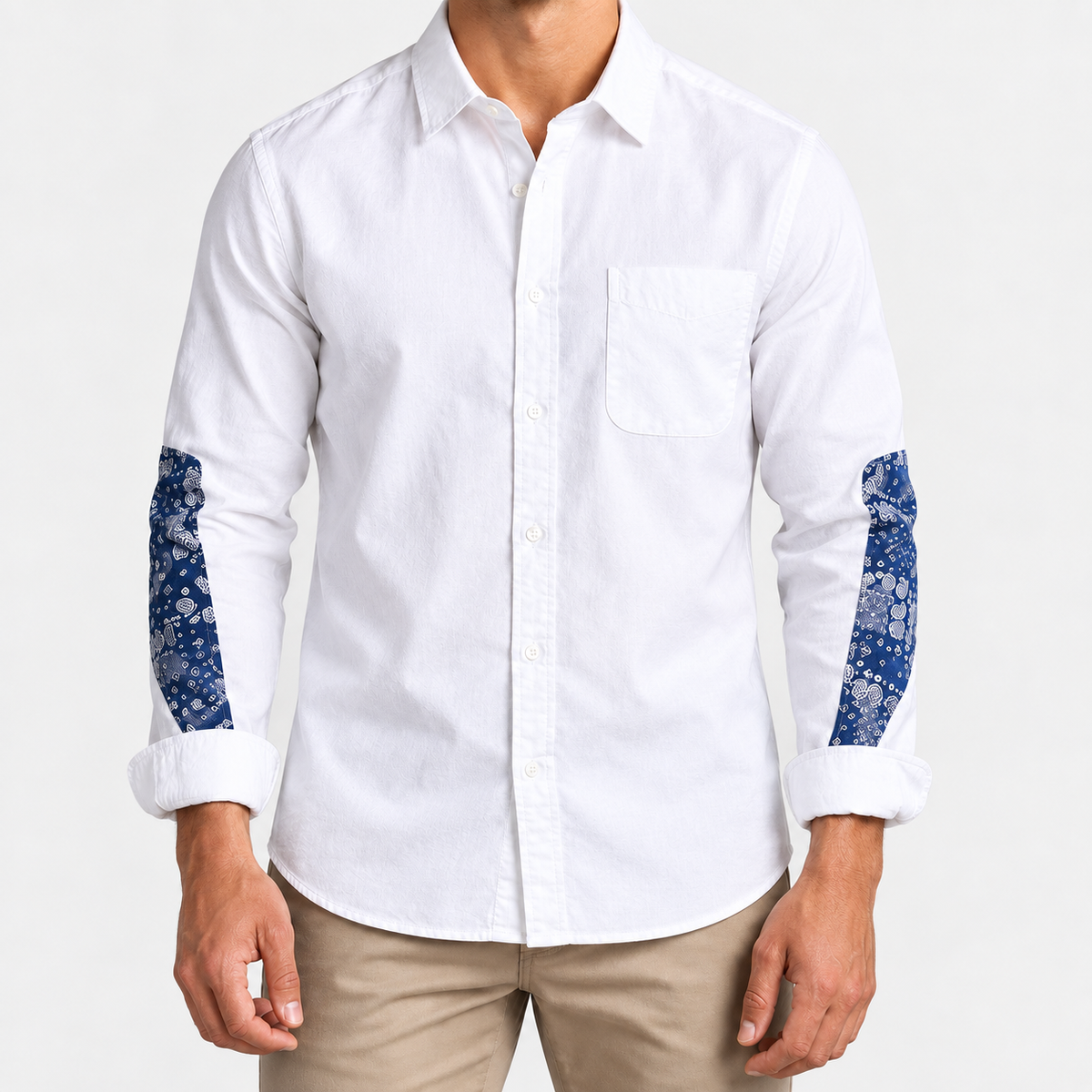 Cotton oxford shirt with paisley sleeve panels in white, front view on a model