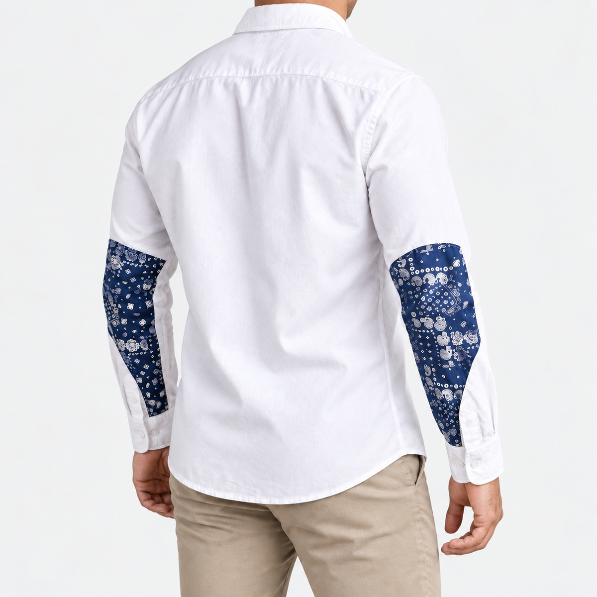 Cotton oxford shirt with paisley sleeve panels in white, side view on a model