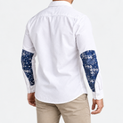 Cotton oxford shirt with paisley sleeve panels in white, side view on a model
