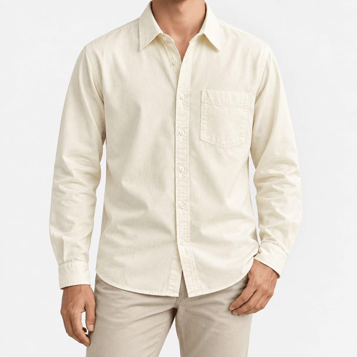 Cotton point collar shirt with a chest pocket - AntoniosClothing - Cream