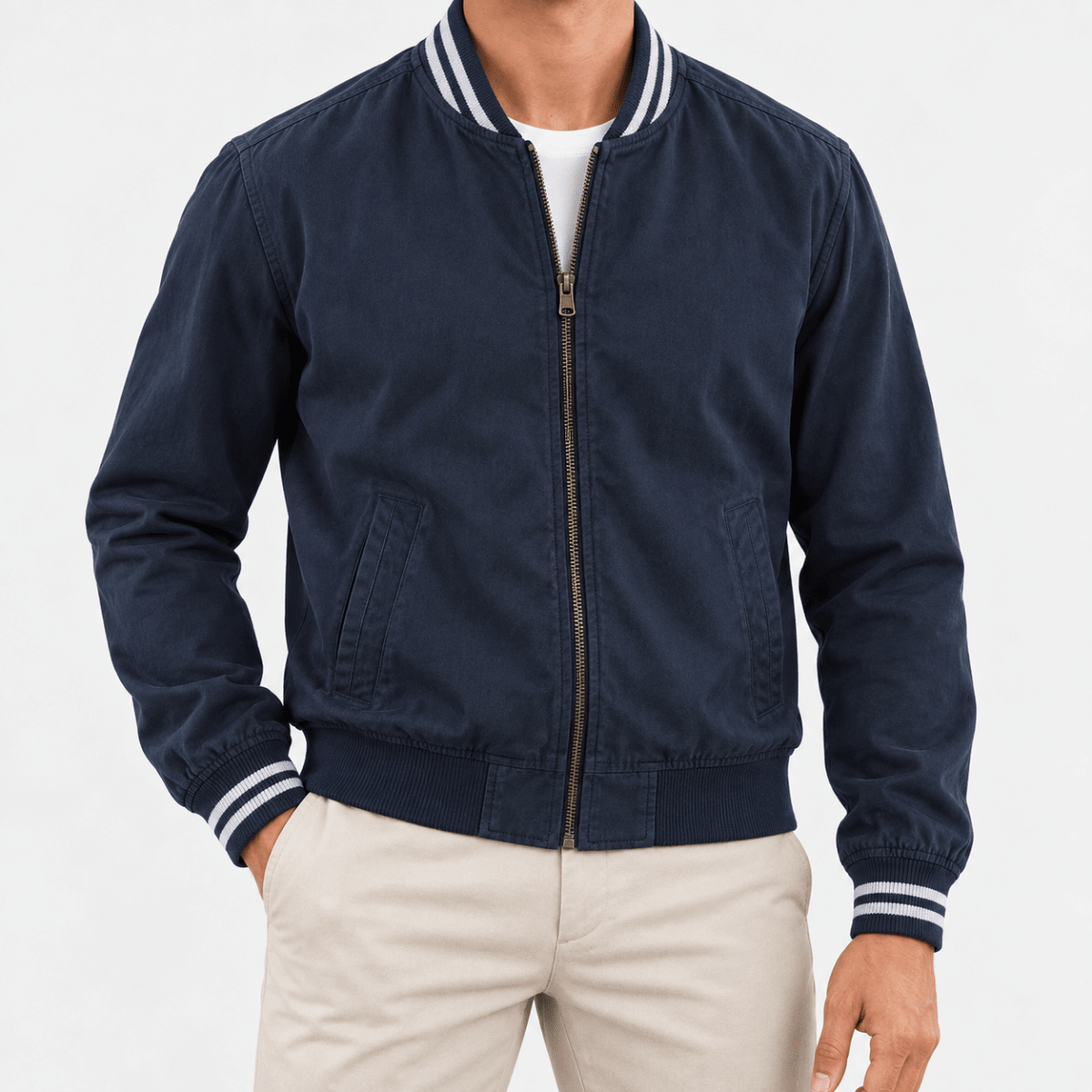 Cotton varsity jacket with striped trim - AntoniosClothing - Navy