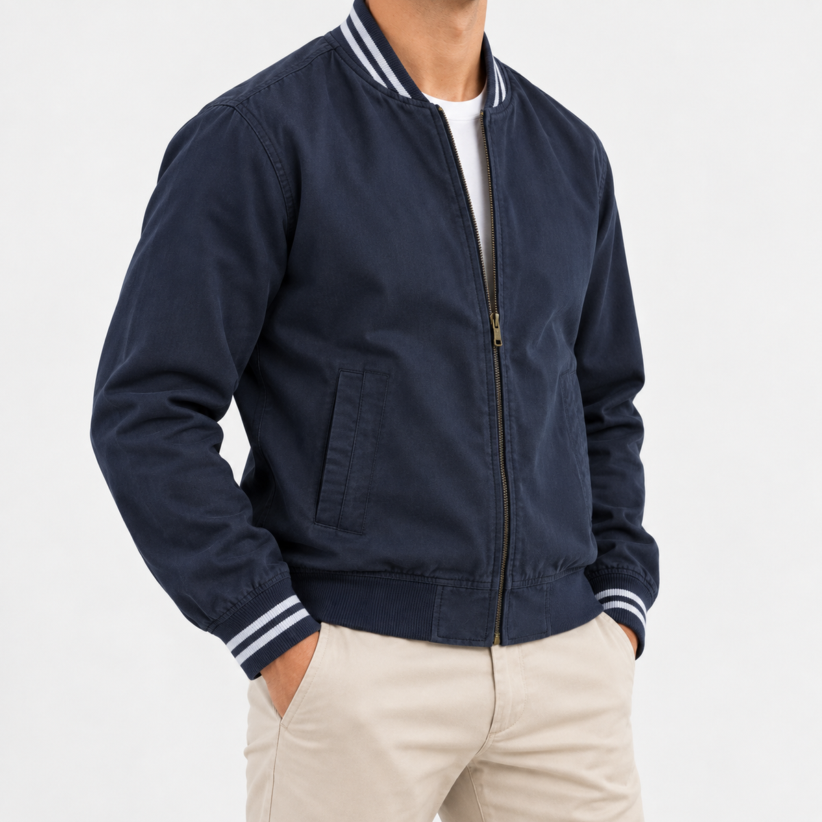 Cotton varsity jacket with striped trim in navy, side view on a model