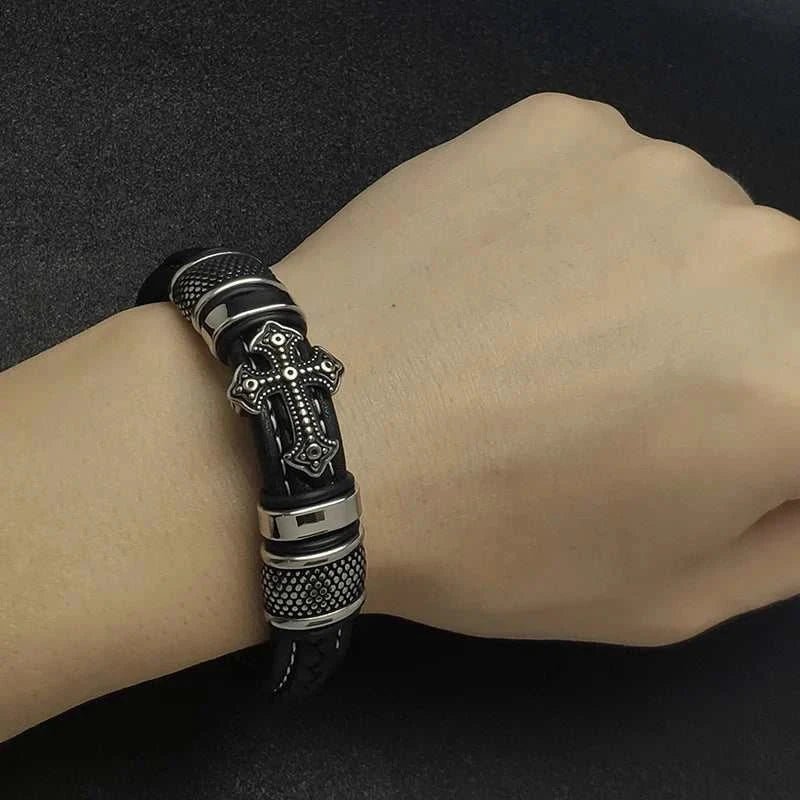 Cross punk leather bracelet - Antonios