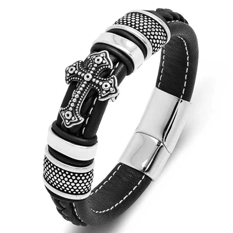 Cross punk leather bracelet - Antonios