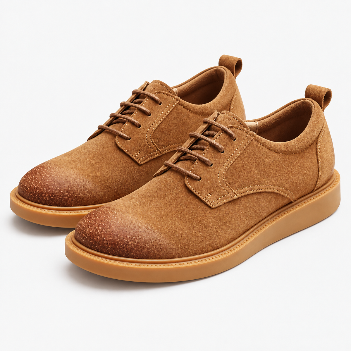 Distressed derby shoes with flexible soles in tan, product cover