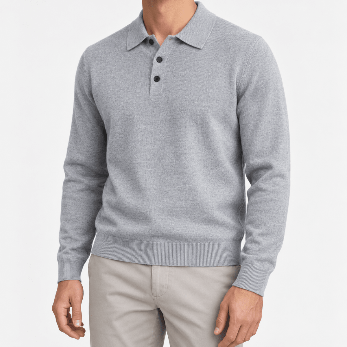 Fine knit button collar wool blend sweater - AntoniosClothing - Light gray