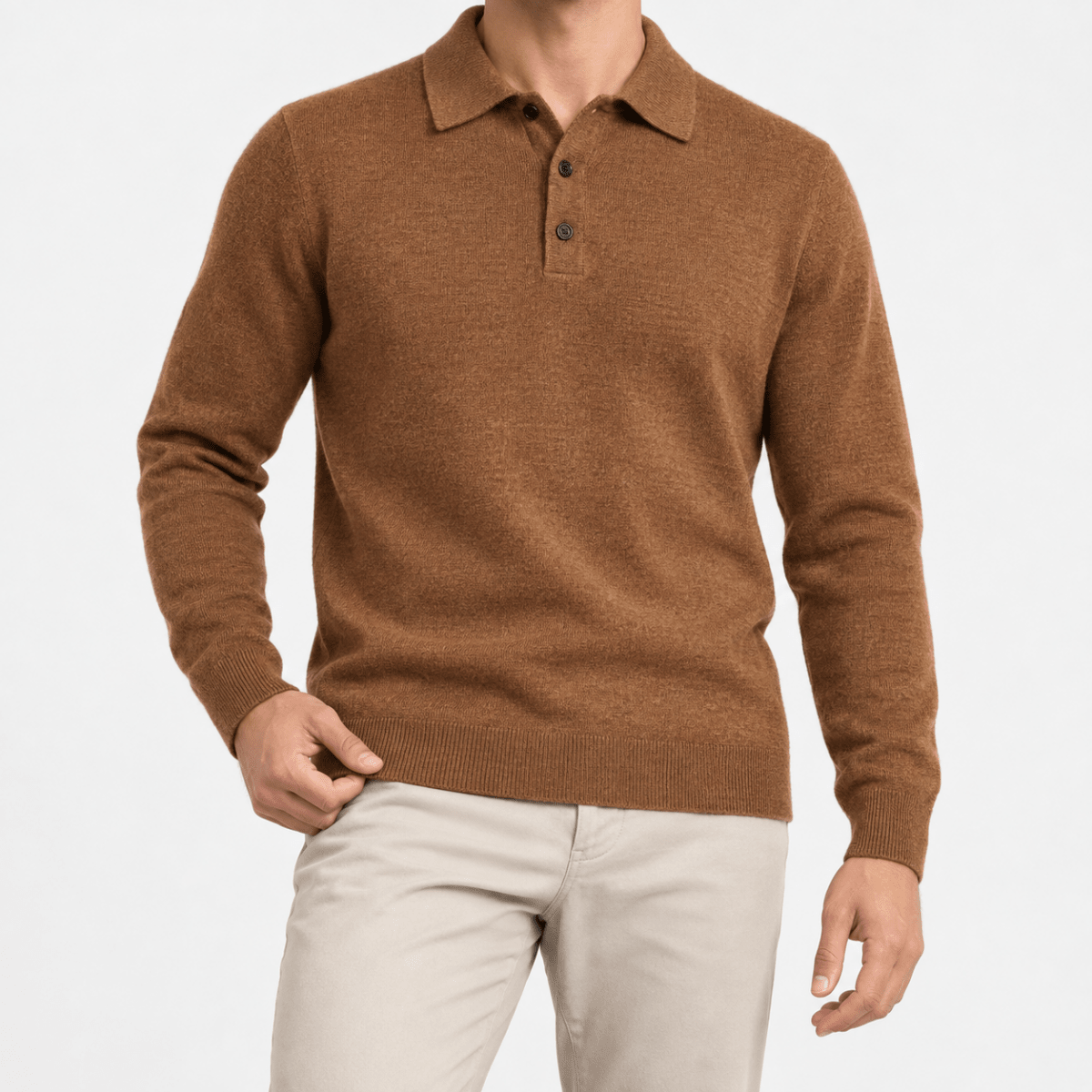 Fine knit button collar wool blend sweater - AntoniosClothing - Brown