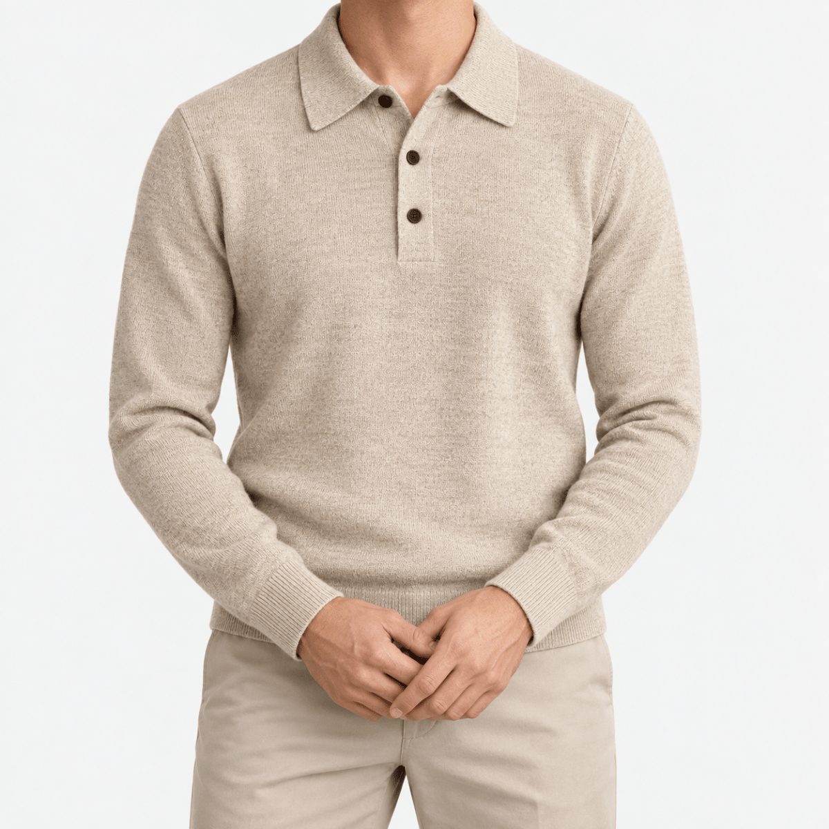 Fine knit button collar wool blend sweater - AntoniosClothing - Beige