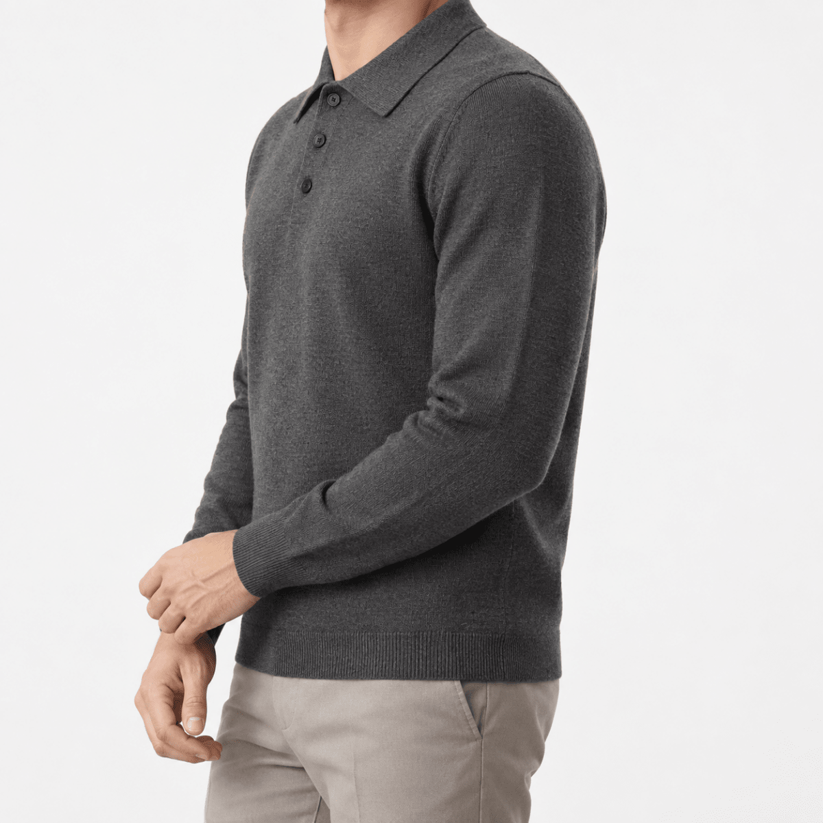 Fine knit button collar wool blend sweater - AntoniosClothing - Dark gray