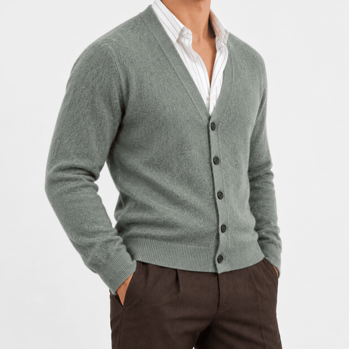 Fine knit cashmere v neck cardigan - AntoniosClothing - Sage green