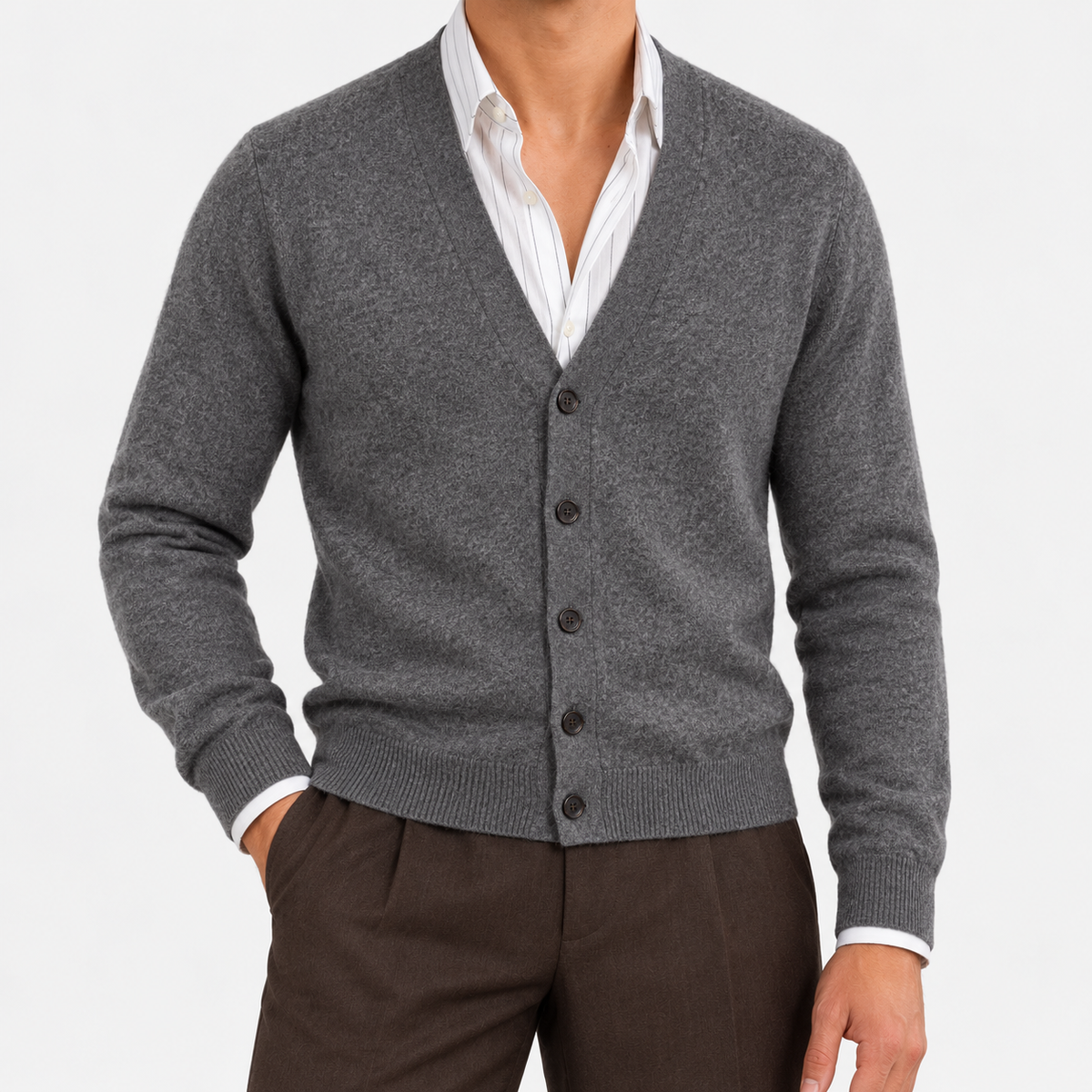 Fine knit cashmere v neck cardigan in dark gray, front view on a model