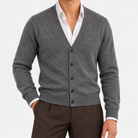 Fine knit cashmere v neck cardigan in dark gray, front view on a model