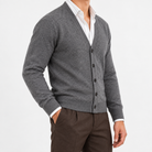 Fine knit cashmere v neck cardigan in dark gray, side view on a model