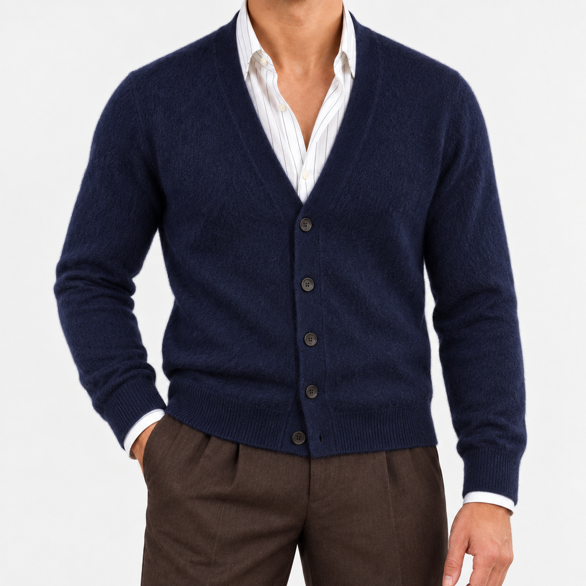 Fine knit cashmere v neck cardigan in navy, front view on a model