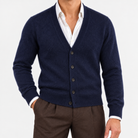 Fine knit cashmere v neck cardigan in navy, front view on a model