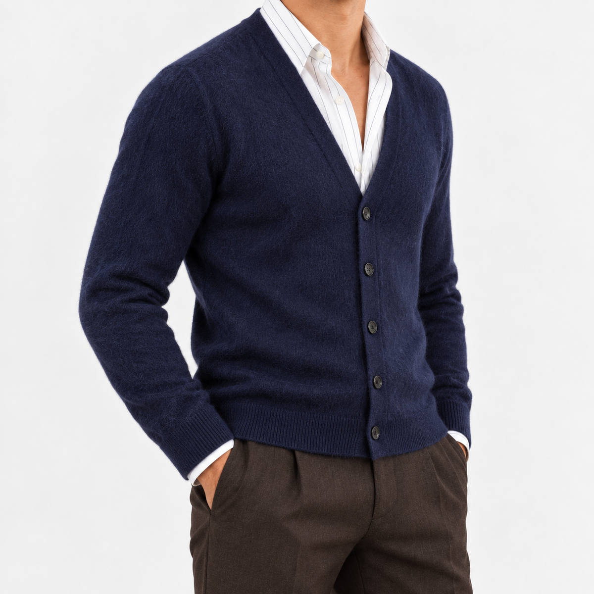 Fine knit cashmere v neck cardigan in navy, side view on a model