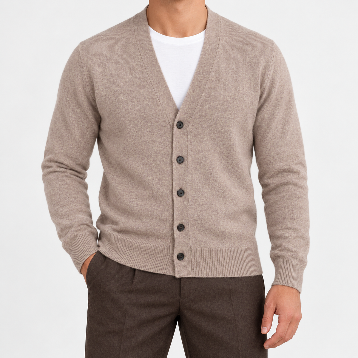 Fine knit cashmere v neck cardigan in taupe, front view on a model