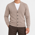 Fine knit cashmere v neck cardigan in taupe, front view on a model