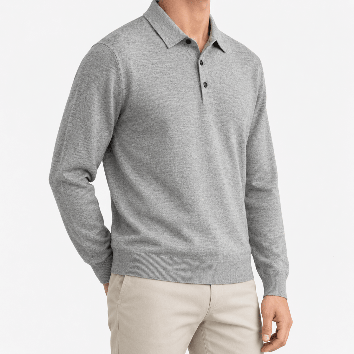Fine knit long sleeve wool blend polo - AntoniosClothing - Light gray