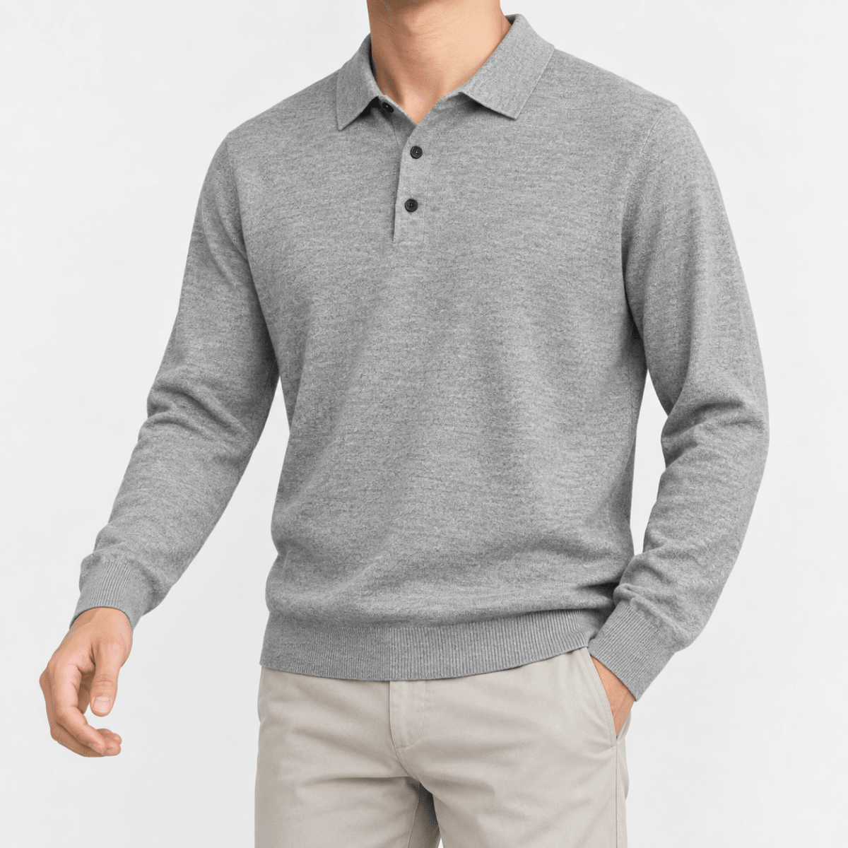 Fine knit long sleeve wool blend polo - AntoniosClothing - Light gray