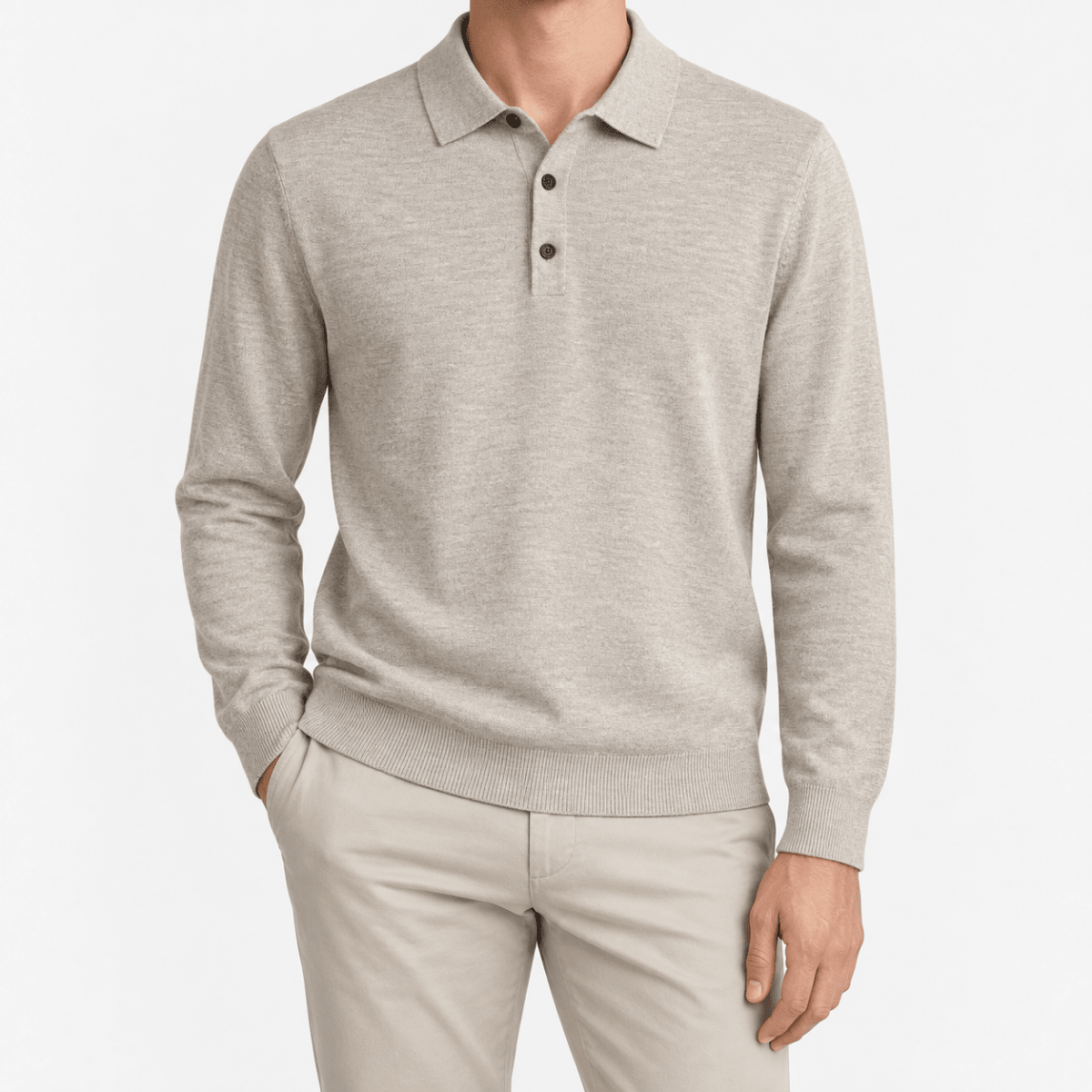 Fine knit long sleeve wool blend polo - AntoniosClothing - Beige