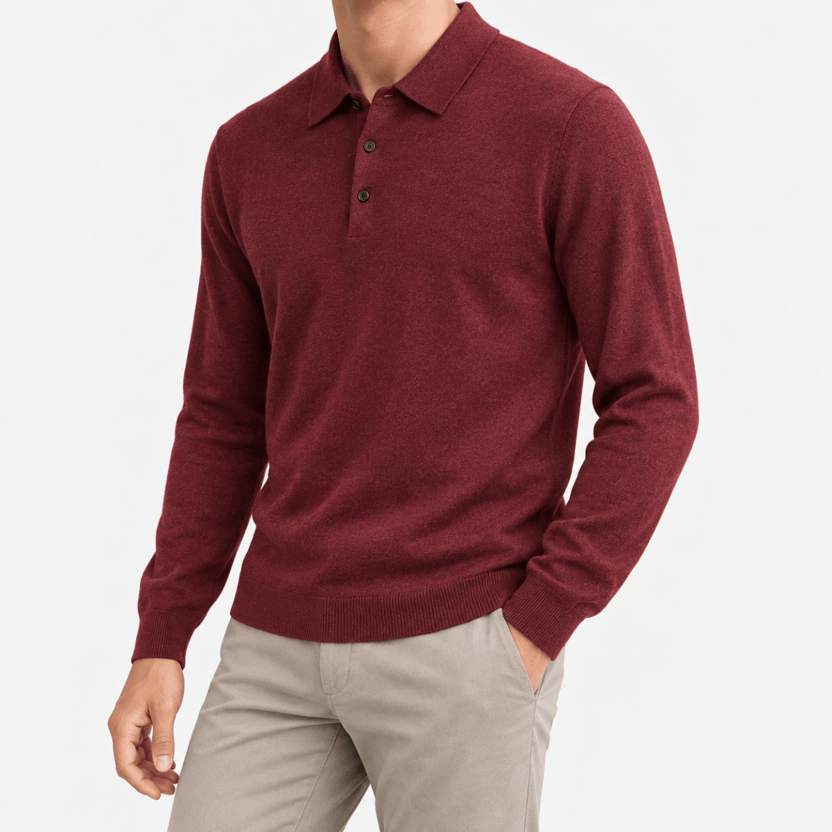 Fine knit long sleeve wool blend polo - AntoniosClothing - Wine red