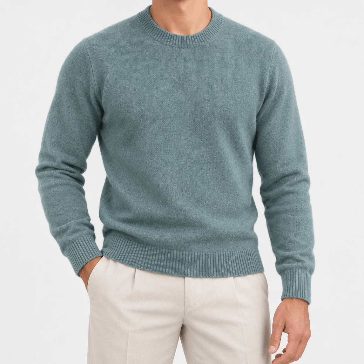 Fine knit wool crew neck sweater - AntoniosClothing - Stone green