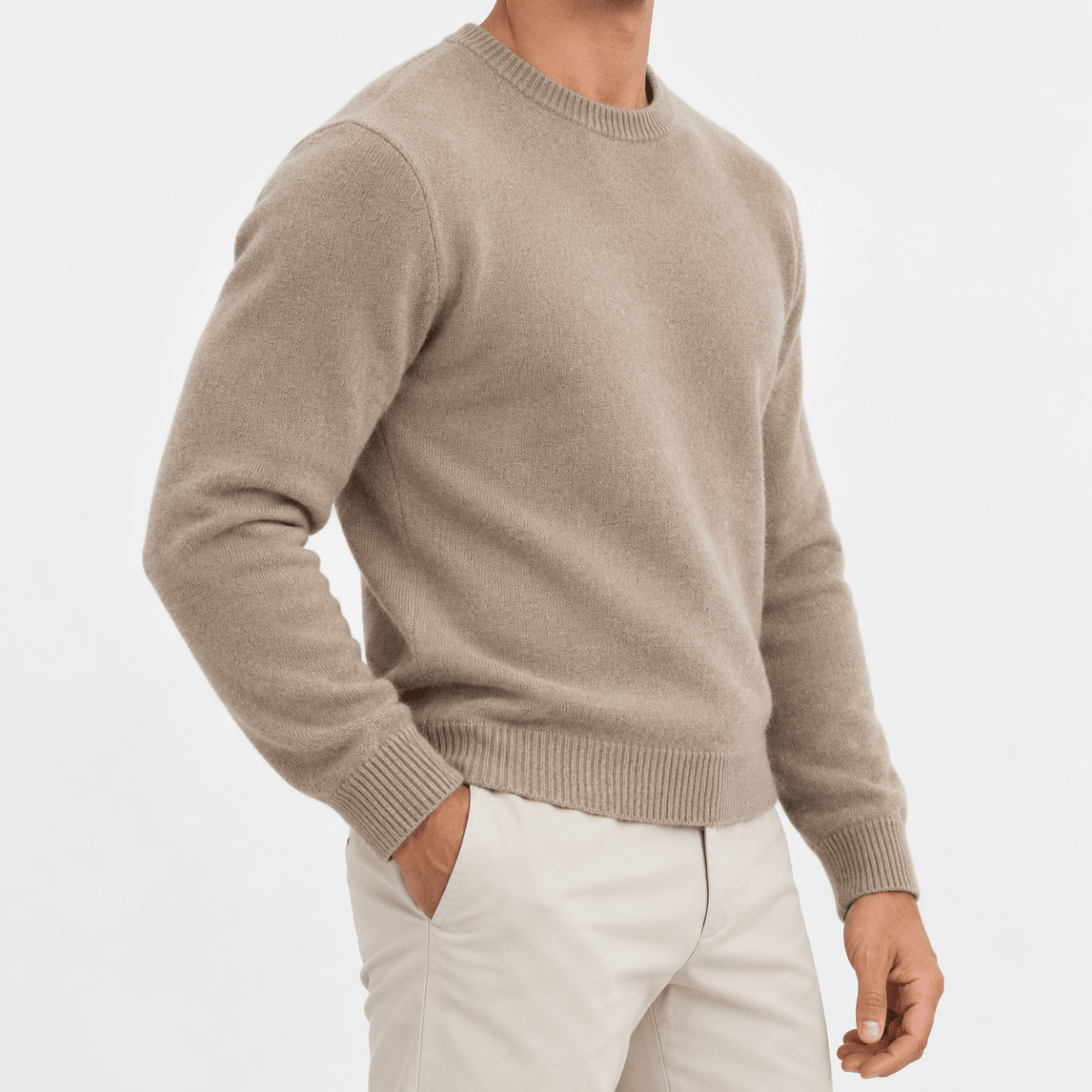 Fine knit wool crew neck sweater - AntoniosClothing - Taupe